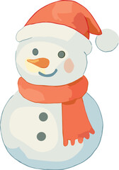 A cheerful snowman illustration wearing a red Santa hat and scarf, with a carrot nose and button details, symbolizing festive winter joy.