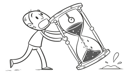 Frustrated stick figure person holding tilted hourglass losing sand quickly time running out