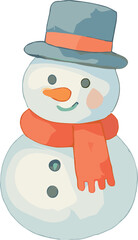 A festive snowman illustration wearing a blue top hat with an orange band and a matching orange scarf, featuring a carrot nose and button details.