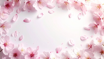 Obraz premium Cherry Blossom Frame Delicate Pink Flowers and Petals on White Background