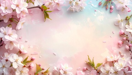 A beautiful frame of delicate pink cherry blossoms encircles a soft pastel background, evoking the serene and fresh essence of spring, perfect for natural beauty and peaceful themes