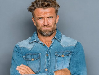 Fototapeta premium Man with disagreement on the face standing against gray background wearing denim jacket