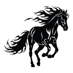 Dynamic black silhouette horse galloping with fiery mane and tail art silhouette