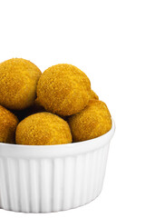 typical Brazilian fritter, savory fried in oil, with cheese, cassava, corn, cornmeal or aipin flavors, crispy and round dumpling served hot, white isolated background