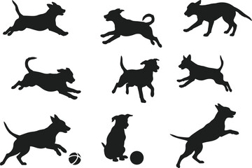 Dog silhouette collection, playful dog poses, jumping dog, running dog, sitting dog, ball play dog, black pet vector artwork