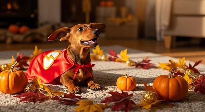 A cute dachshund dog dressed as a superhero with a red cape and a lightning bolt emblem, lying down amongst pumpkins and autumn leaves. - Powered by Adobe