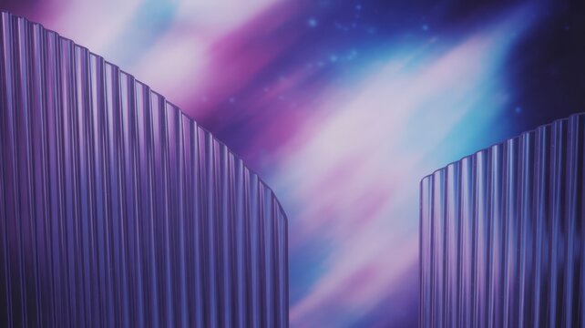 Vibrant nighttime cityscape with illuminated modern skyscraper buildings surrounded by colorful illuminated clouds and clear starry sky