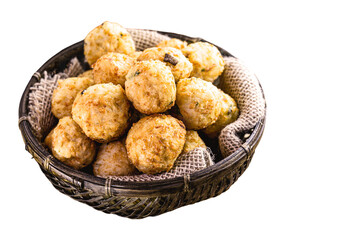codfish cakes, codfish cakes, fish meat pastries, Brazilian cod bunuelos, typical of Easter, isolaetd copyspace