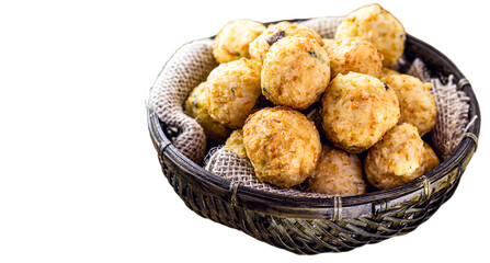 codfish cakes, codfish cakes, fish meat pastries, Brazilian cod bunuelos, typical of Easter, isolaetd copyspace
