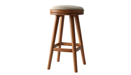 Detailed  shot showcases a wooden bar stool with a light-colored upholstered seat against a stark black backdrop, emphasizing the natural wood grain and the comfortable design, perfect for interior...