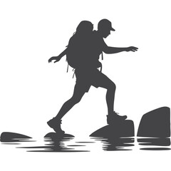 Lone Hiker Silhouette Walking on Rocks Across River Outdoor Survival and Adventure Travel