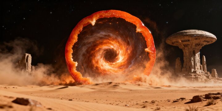 Epic cosmic explosion with fiery spiral nebula and mushroom cloud over desolate landscape with distant structures on dark starry sky - Powered by Adobe