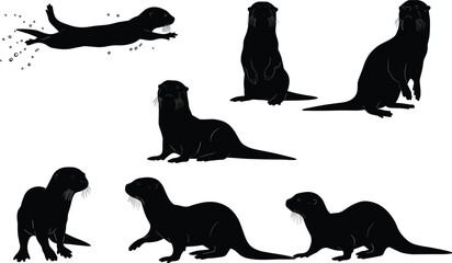 Otter silhouette illustration set, aquatic mammal vector, wild animal drawing, playful otter artwork, river wildlife clipart, swimming standing sitting design