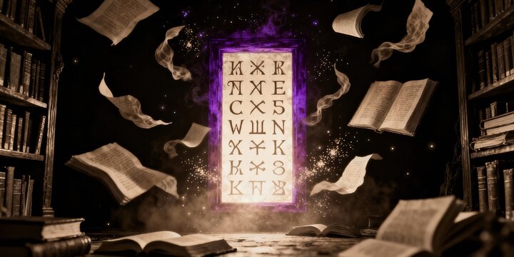 Mysterious ancient stone tablet with glowing purple symbols floating amidst falling books in a dark mystical library scene