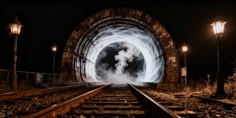 Long exposure photograph of railway tracks at night under a circular light tunnel with atmospheric clouds and vintage street lamps illuminating the scene