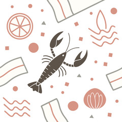 Seamless seafood pattern with lobster, lemon slice, waves, and abstract food elements. Modern culinary background for menu, kitchen, and restaurant design. Perfect for textile and packaging.