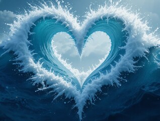 A majestic ocean wave rises and curls into a perfect heart shape, its crest shimmering with sunlight. Sparkling droplets surround it, and the deep blue of the ocean contrasts beautifully with the whit