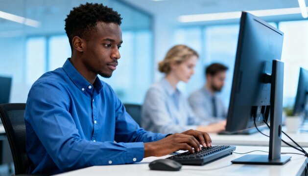 Focused African American Businessman Working on Computer in Modern Office