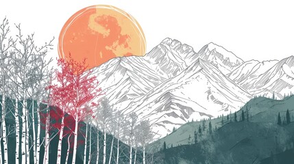 Serene mountain landscape with vibrant sunset.