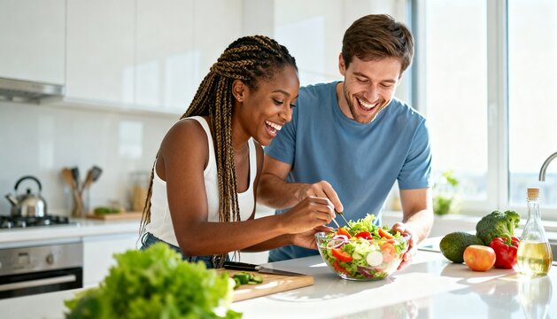Joyful Diverse Couple Preparing Fresh Salad Together in Kitchen - Powered by Adobe