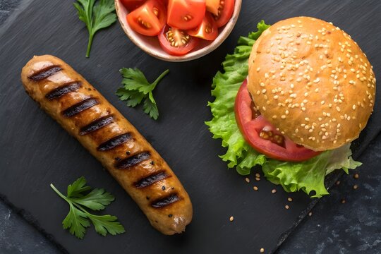 A grilled sausage and a hamburger with lettuce and tomato, served with chopped tomatoes and parsley on a dark slate background, top view