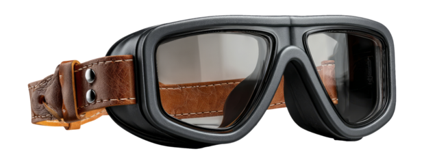 Vintage Black Diving Goggles with Brown Strap Isolated on Transparent Background