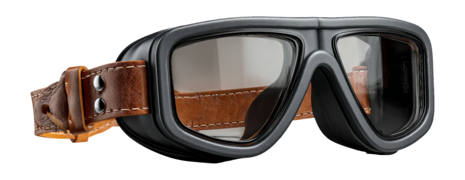Vintage Black Diving Goggles with Brown Strap Isolated on Transparent Background