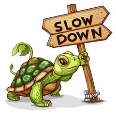 Obraz premium Adorable turtle holding a 'Slow Down' sign.