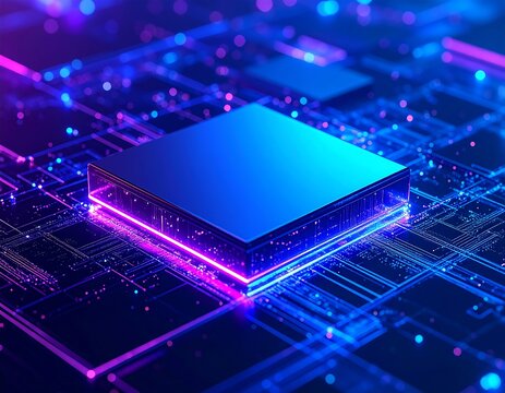 Futuristic circuit board with glowing chip