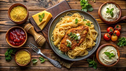 A rustic overhead shot of spaghetti with a rich meat sauce, served with parmesan cheese, tomatoes, and creamy sauces on a wooden table