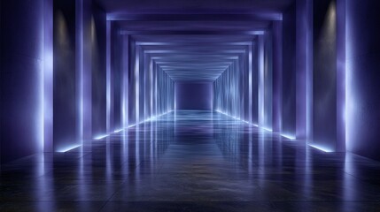 Futuristic neon illuminated tunnel with glowing purple and blue lights, endless corridor perspective, sci fi abstract digital background for technology, virtual reality, metaverse, cyberpunk design.