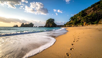 Golden beach at sunrise. Waves meet the sand