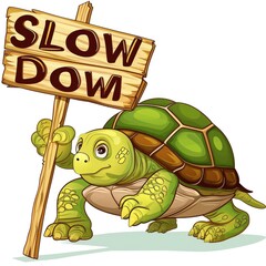 Obraz premium Cartoon turtle with a 'Slow Down' sign.