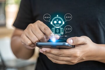 Businessman using AI chatbot application on smartphone for virtual assistant, customer support, and online communication. Innovative technology in digital business solutions. 