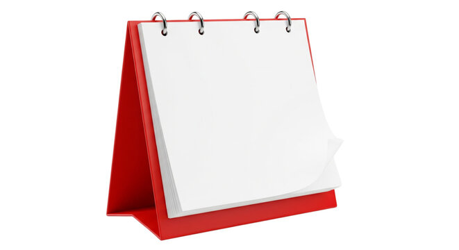 Red desk calendar with blank white pages, spiral ring bound, 3D rendered, isolated on clean white background, mockup template.