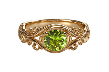Green peridot jewel in refined art nouveau style isolated on transparent background