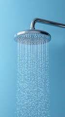 Revitalizing shower spray cascades down creating a refreshing sensation against a clean blue backdrop, perfect for wellness and hygiene campaigns.