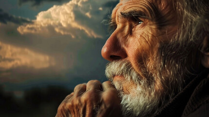 Old Man Looking Thoughtful and Remembering the Past