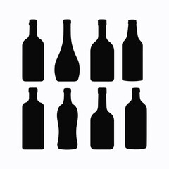 Collection of eight black bottle silhouettes on white background bottles glass