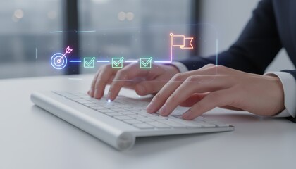 Fototapeta premium Navigating Success: A pair of focused hands meticulously type on a sleek keyboard, navigating through an ethereal path towards an achieving target.