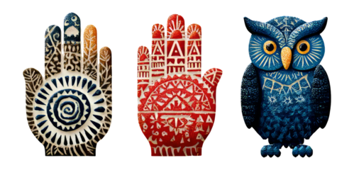 Colorful Decorative Hands and Owl with Intricate Patterns on Transparent Background