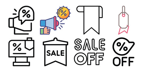 Online Shopping Discount Line Icons – Minimalist vector icons featuring sales, discounts, promo codes, coupons, special offers, price tags, cashback, clearance, online deals, and ecommerce savings.