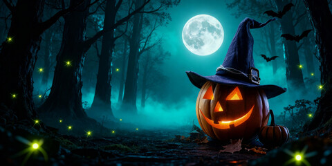 Glowing Pumpkin in Witch Hat at Night Forest Landscape with Full Moon and Bats Pixel Art Style