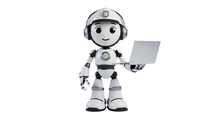 Obraz premium Cute 3D white robot with headphones holding a silver laptop, representing AI, technology, and digital assistant services.
