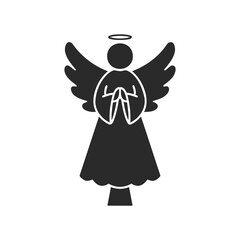 Silhouette of angel with halo and wings in praying pose on white background