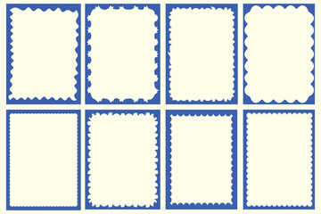 Vintage postage stamp style border frames in blue and cream color. Decorative retro edges with scalloped, wavy, and dotted patterns for invitations, posters, and design projects. Classic paper frame t