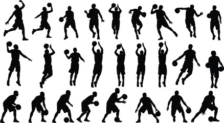 Basketball player silhouettes in dynamic action poses — dribbling, shooting, jumping; black vector icons perfect for sports, team, gym, or athletic design projects with SEO-rich Adobe Stock keywords.
