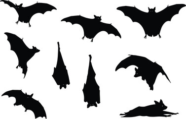 Bat silhouette vector set with flying and hanging poses, black winged animal shapes, spooky wildlife clipart for design projects