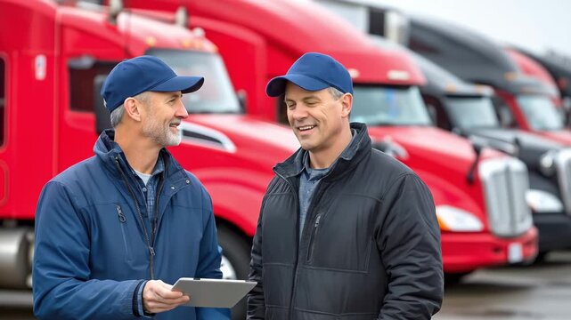 Two truck drivers in blue uniforms discussing plan on tablet near row of red trucks, concept of logistics and transport