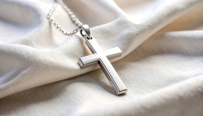 Elegant silver cross necklace on a smooth fabric